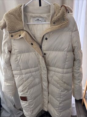COACH Cream Quilted Puffer Coat with Sherpa Trim